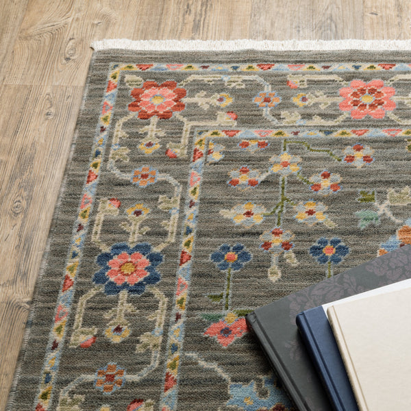 Homeroots 10' X 13' Grey Salmon Pink Gold Blue Rust Deep Blue Ivory And Green Oriental Power Loom Stain Resistant Area Rug With Fringe Grey,Multi Genuine Wool 509281