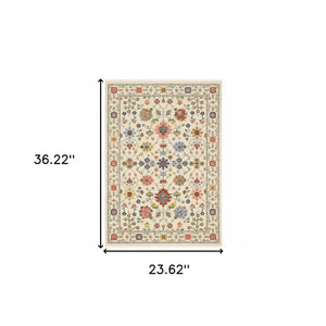 Homeroots 2' X 3' Ivory Oriental Power Loom Stain Resistant Area Rug With Fringe Ivory,Multi Genuine Wool 509282