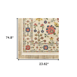 Homeroots 2' X 6' Ivory Salmon Pink Gold Blues Grey Rust And Green Oriental Power Loom Stain Resistant Runner Rug With Fringe Ivory,Multi Genuine Wool 509283