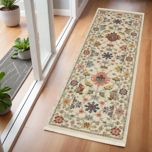 HomeRoots 2' Versatile Oriental Runner Rug with Multicolor Design and Stain-Resistant Features for High-Traffic Areas Ivory/ Multi 2' x 6' 509283