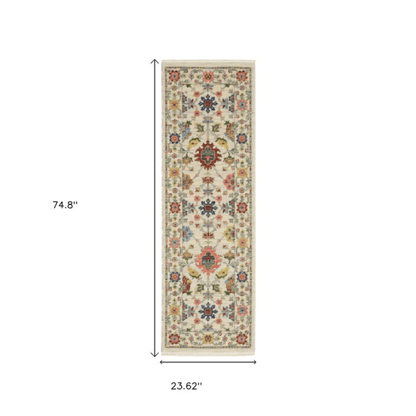 HomeRoots 2' Versatile Oriental Runner Rug with Multicolor Design and Stain-Resistant Features for High-Traffic Areas Ivory/ Multi 2' x 6' 509283