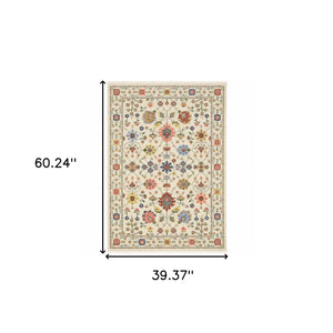 Homeroots 3' X 5' Ivory Salmon Pink Gold Blues Grey Rust And Green Oriental Power Loom Stain Resistant Area Rug With Fringe Ivory,Multi Genuine Wool 509284