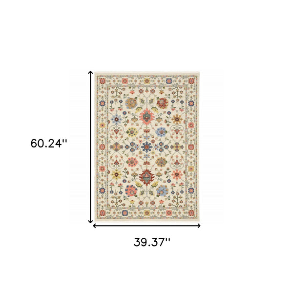 Homeroots 3' X 5' Ivory Salmon Pink Gold Blues Grey Rust And Green Oriental Power Loom Stain Resistant Area Rug With Fringe Ivory,Multi Genuine Wool 509284
