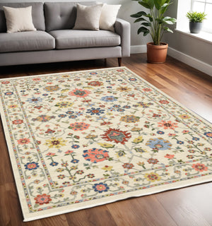 Homeroots 5' X 8' Ivory And Blue Oriental Power Loom Area Rug With Fringe Ivory,Multi Genuine Wool 509285