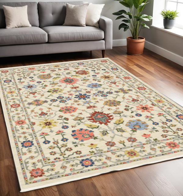 Homeroots 5' X 8' Ivory And Blue Oriental Power Loom Area Rug With Fringe Ivory,Multi Genuine Wool 509285