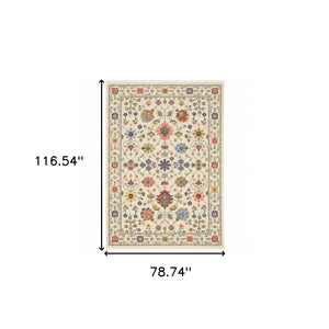 Homeroots 6' X 9' Ivory Salmon Pink Gold Blues Grey Rust And Green Oriental Power Loom Stain Resistant Area Rug With Fringe Ivory,Multi Genuine Wool 509286