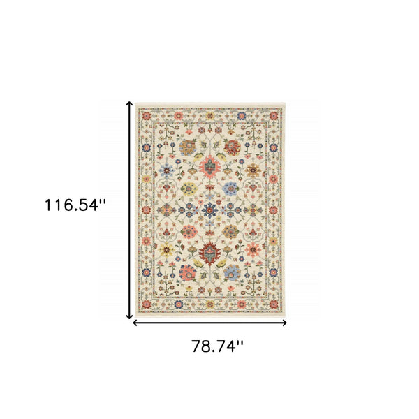Homeroots 6' X 9' Ivory Salmon Pink Gold Blues Grey Rust And Green Oriental Power Loom Stain Resistant Area Rug With Fringe Ivory,Multi Genuine Wool 509286