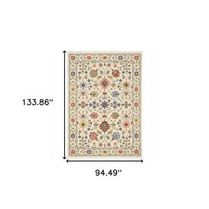 Homeroots 8' X 11' Ivory Salmon Pink Gold Blues Grey Rust And Green Oriental Power Loom Stain Resistant Area Rug With Fringe Ivory,Multi Genuine Wool 509287