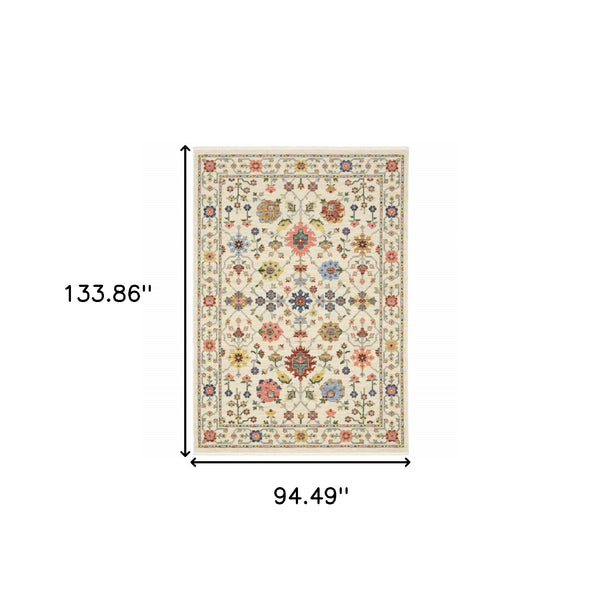 Homeroots 8' X 11' Ivory Salmon Pink Gold Blues Grey Rust And Green Oriental Power Loom Stain Resistant Area Rug With Fringe Ivory,Multi Genuine Wool 509287