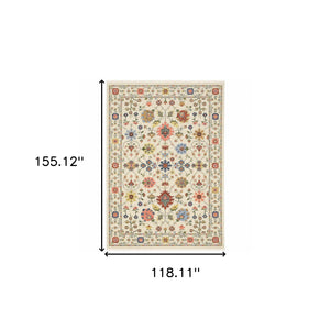 Homeroots 10' X 13' Ivory Salmon Pink Gold Blues Grey Rust And Green Oriental Power Loom Stain Resistant Area Rug With Fringe Ivory,Multi Genuine Wool 509288