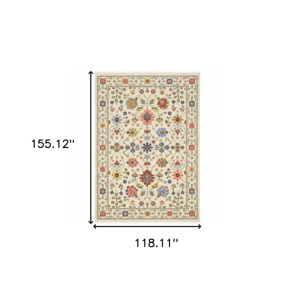 Homeroots 10' X 13' Ivory Salmon Pink Gold Blues Grey Rust And Green Oriental Power Loom Stain Resistant Area Rug With Fringe Ivory,Multi Genuine Wool 509288