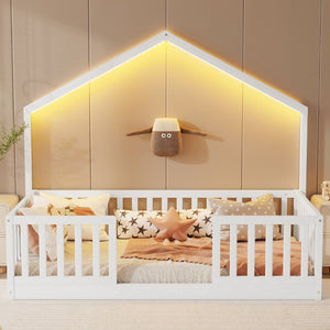 English Elm Twin Montessori Floor Bed House Frame with Led Lighting and Safety Rails for Kids White W2593P440594