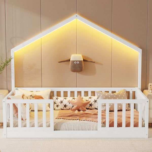 English Elm Twin Montessori Floor Bed House Frame with Led Lighting and Safety Rails for Kids White W2593P440594