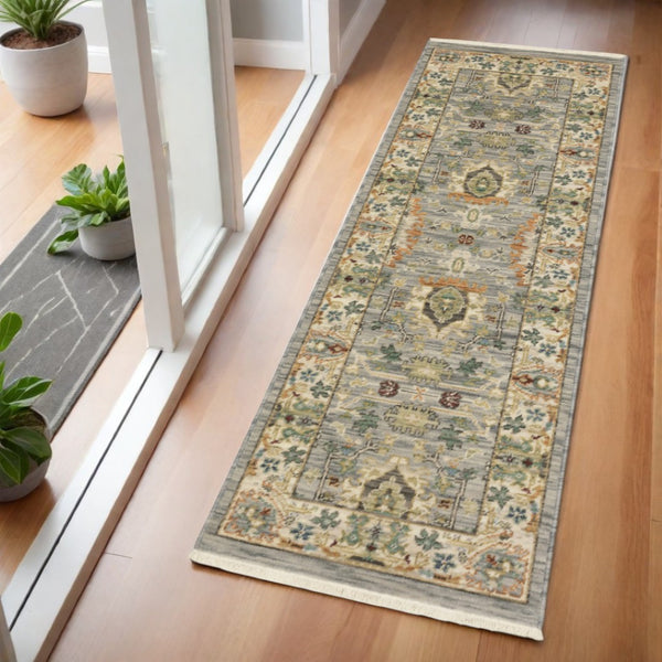 HomeRoots 2' Elegant Oriental Power Loom Runner Rug - Stain Resistant, Multi-Color, Fringed, Durable Design Grey/ Multi 2' x 6' 509290