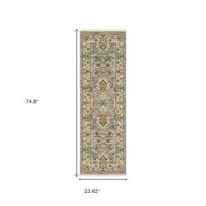 HomeRoots 2' Elegant Oriental Power Loom Runner Rug - Stain Resistant, Multi-Color, Fringed, Durable Design Grey/ Multi 2' x 6' 509290