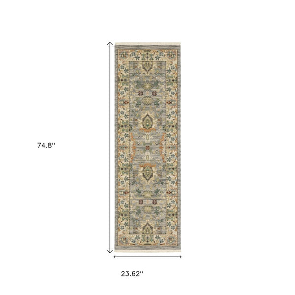 HomeRoots 2' Elegant Oriental Power Loom Runner Rug - Stain Resistant, Multi-Color, Fringed, Durable Design Grey/ Multi 2' x 6' 509290