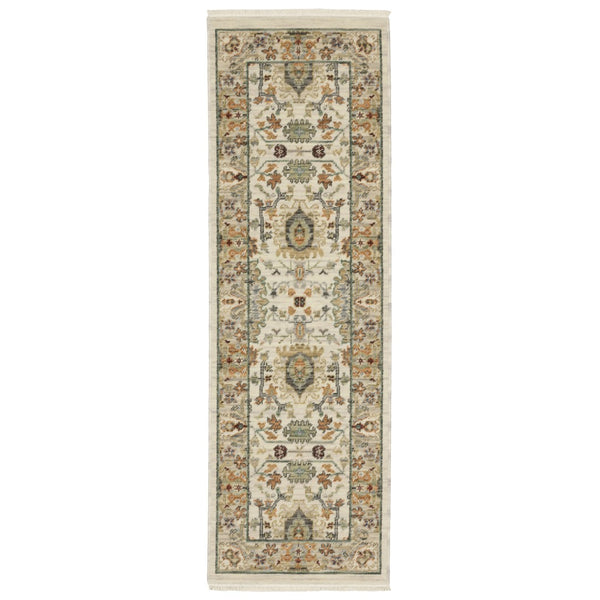 HomeRoots 2' Elegant Oriental Power Loom Runner Rug - Stain Resistant, Multi-Color, Fringed, Durable Design Ivory/ Multi 2' x 6' 509297