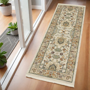HomeRoots 2' Elegant Oriental Power Loom Runner Rug - Stain Resistant, Multi-Color, Fringed, Durable Design Ivory/ Multi 2' x 6' 509297