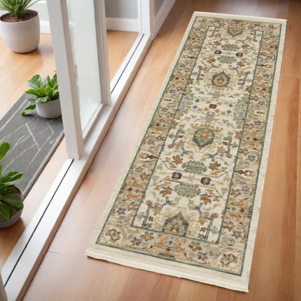 HomeRoots 2' Elegant Oriental Power Loom Runner Rug - Stain Resistant, Multi-Color, Fringed, Durable Design Ivory/ Multi 2' x 6' 509297