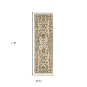 HomeRoots 2' Elegant Oriental Power Loom Runner Rug - Stain Resistant, Multi-Color, Fringed, Durable Design Ivory/ Multi 2' x 6' 509297