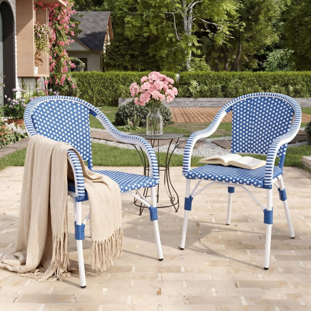 English Elm Outdoor Woven Rattan Bistro Armchairs Set of 2 Aluminum Frame Patio Cafe Seating Blue,White N768P386559W