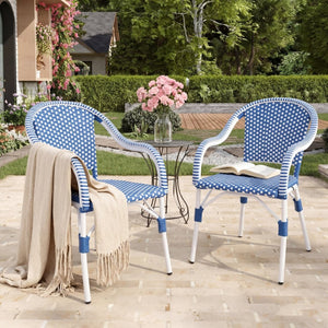 English Elm Outdoor Woven Rattan Bistro Armchairs Set of 2 Aluminum Frame Patio Cafe Seating Blue,White N768P386559W