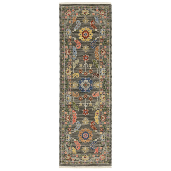 HomeRoots 2' Elegant Stain-Resistant Oriental Runner Rug with Fringe in Vibrant Multi-Color Bohemian Design Grey/ Multi 2' x 6' 509304