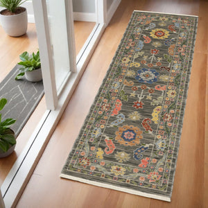 HomeRoots 2' Elegant Stain-Resistant Oriental Runner Rug with Fringe in Vibrant Multi-Color Bohemian Design Grey/ Multi 2' x 6' 509304