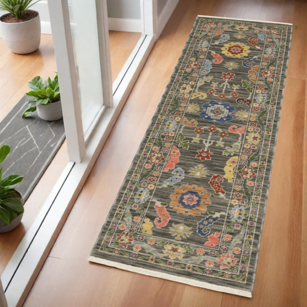 HomeRoots 2' Elegant Stain-Resistant Oriental Runner Rug with Fringe in Vibrant Multi-Color Bohemian Design Grey/ Multi 2' x 6' 509304