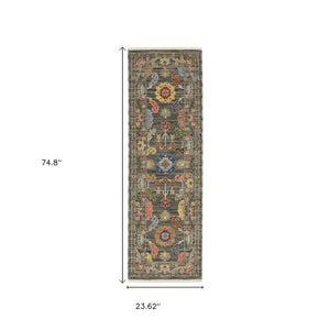 HomeRoots 2' Elegant Stain-Resistant Oriental Runner Rug with Fringe in Vibrant Multi-Color Bohemian Design Grey/ Multi 2' x 6' 509304