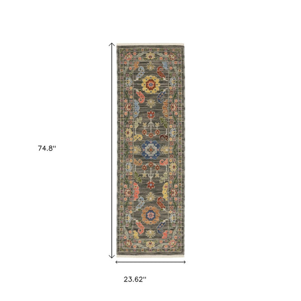 HomeRoots 2' Elegant Stain-Resistant Oriental Runner Rug with Fringe in Vibrant Multi-Color Bohemian Design Grey/ Multi 2' x 6' 509304