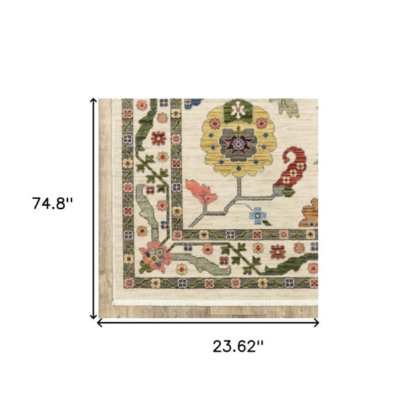 HomeRoots 2' Elegant Stain-Resistant Oriental Runner Rug with Fringe in Vibrant Multi-Color Bohemian Design Ivory/ Multi 2' x 6' 509311