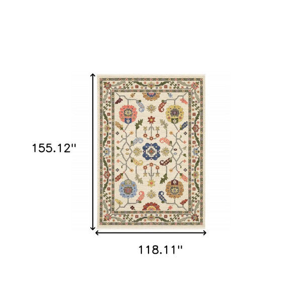 HomeRoots 2' Elegant Stain-Resistant Oriental Runner Rug with Fringe in Vibrant Multi-Color Bohemian Design Ivory/ Multi 9'10" x 12'10" 509316