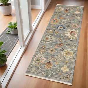 HomeRoots 2' Elegant Oriental Runner Rug with Vibrant Colors, Stain Resistance, and Classic Fringe Tassels Grey/ Multi 2' x 6' 509318
