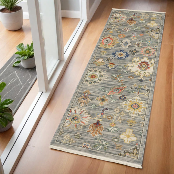 HomeRoots 2' Elegant Oriental Runner Rug with Vibrant Colors, Stain Resistance, and Classic Fringe Tassels Grey/ Multi 2' x 6' 509318