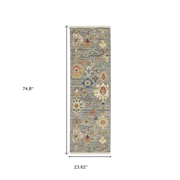 HomeRoots 2' Elegant Oriental Runner Rug with Vibrant Colors, Stain Resistance, and Classic Fringe Tassels Grey/ Multi 2' x 6' 509318