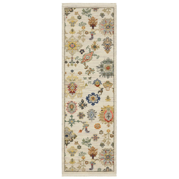 HomeRoots 2' Elegant Oriental Runner Rug with Vibrant Colors, Stain Resistance, and Classic Fringe Tassels Ivory/ Multi 2' x 6' 509325