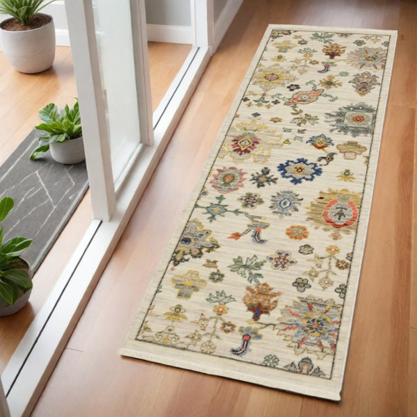 HomeRoots 2' Elegant Oriental Runner Rug with Vibrant Colors, Stain Resistance, and Classic Fringe Tassels Ivory/ Multi 2' x 6' 509325