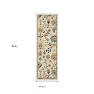 HomeRoots 2' Elegant Oriental Runner Rug with Vibrant Colors, Stain Resistance, and Classic Fringe Tassels Ivory/ Multi 2' x 6' 509325