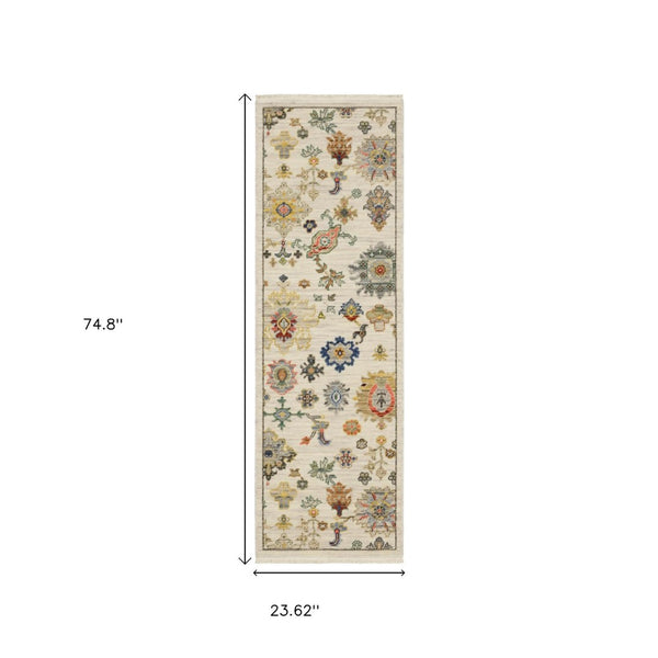 HomeRoots 2' Elegant Oriental Runner Rug with Vibrant Colors, Stain Resistance, and Classic Fringe Tassels Ivory/ Multi 2' x 6' 509325