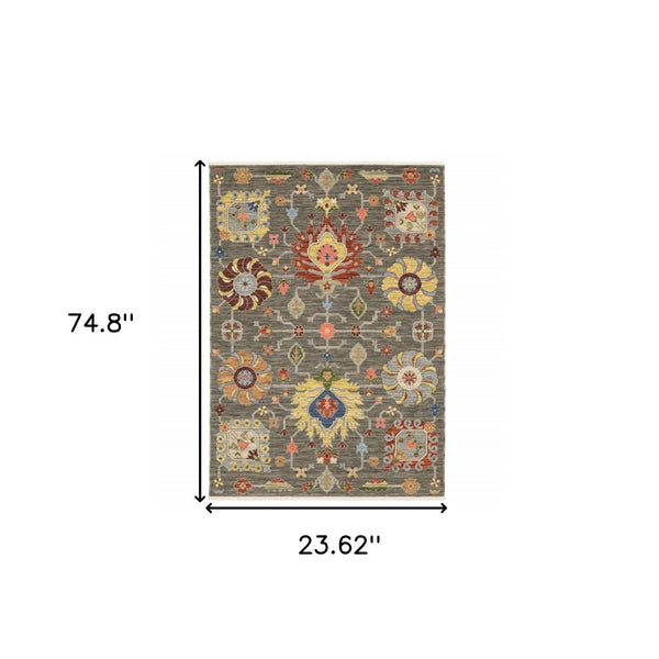 HomeRoots 2' Vibrant Oriental Power Loom Runner Rug with Classic Fringed Tassels - Stain Resistant for High Traffic Areas Grey/ Multi 2' x 6' 509332