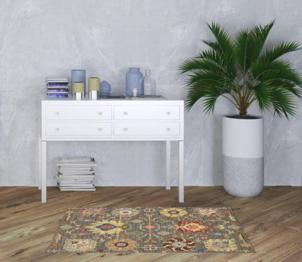 HomeRoots 2' Vibrant Oriental Power Loom Runner Rug with Classic Fringed Tassels - Stain Resistant for High Traffic Areas Grey/ Multi 3'3" x 5' 509333