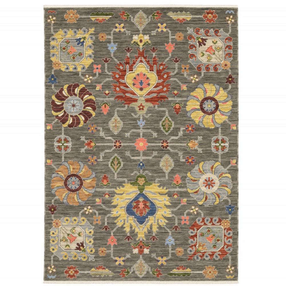HomeRoots 2' Vibrant Oriental Power Loom Runner Rug with Classic Fringed Tassels - Stain Resistant for High Traffic Areas Grey/ Multi 6'7" x 9'6" 509335