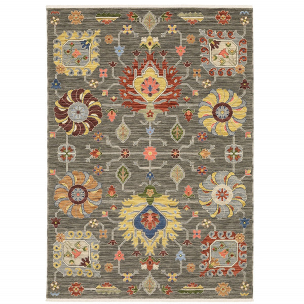 HomeRoots 2' Vibrant Oriental Power Loom Runner Rug with Classic Fringed Tassels - Stain Resistant for High Traffic Areas Grey/ Multi 6'7" x 9'6" 509335