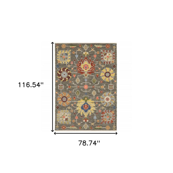 HomeRoots 2' Vibrant Oriental Power Loom Runner Rug with Classic Fringed Tassels - Stain Resistant for High Traffic Areas Grey/ Multi 6'7" x 9'6" 509335