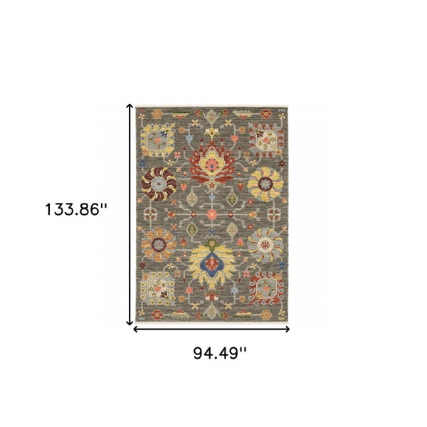 HomeRoots 2' Vibrant Oriental Power Loom Runner Rug with Classic Fringed Tassels - Stain Resistant for High Traffic Areas Grey/ Multi 7'10" x 10'10" 509336
