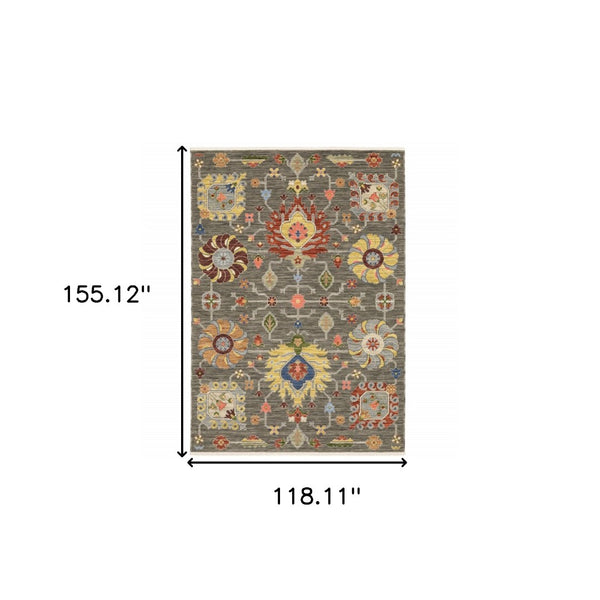 HomeRoots 2' Vibrant Oriental Power Loom Runner Rug with Classic Fringed Tassels - Stain Resistant for High Traffic Areas Grey/ Multi 9'10" x 12'10" 509337