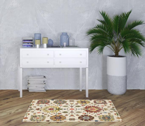 HomeRoots 2' Vibrant Oriental Power Loom Runner Rug with Classic Fringed Tassels - Stain Resistant for High Traffic Areas Ivory/ Multi 3'3" x 5' 509340