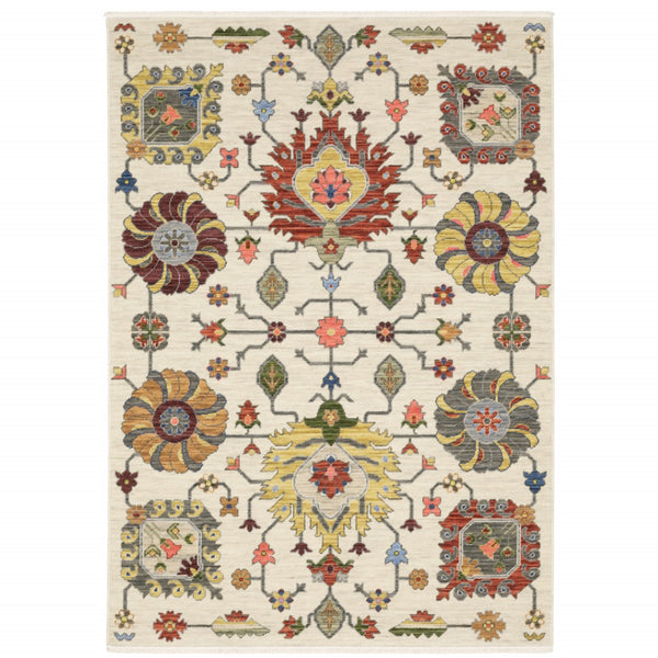 HomeRoots 2' Vibrant Oriental Power Loom Runner Rug with Classic Fringed Tassels - Stain Resistant for High Traffic Areas Ivory/ Multi 9'10" x 12'10" 509344