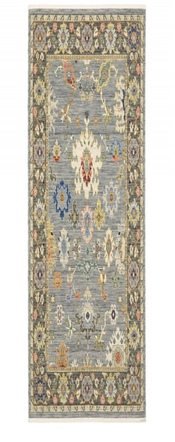 HomeRoots 6' Elegant Oriental Runner Rug in Blue, Ivory, and Red with Fringed Tassels for Hallways Blue/ Multi 2' x 6' 509346